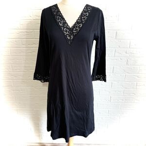 HANRO Black Cotton Lace Trim 3/4 Sleeve Nightgown Size XS